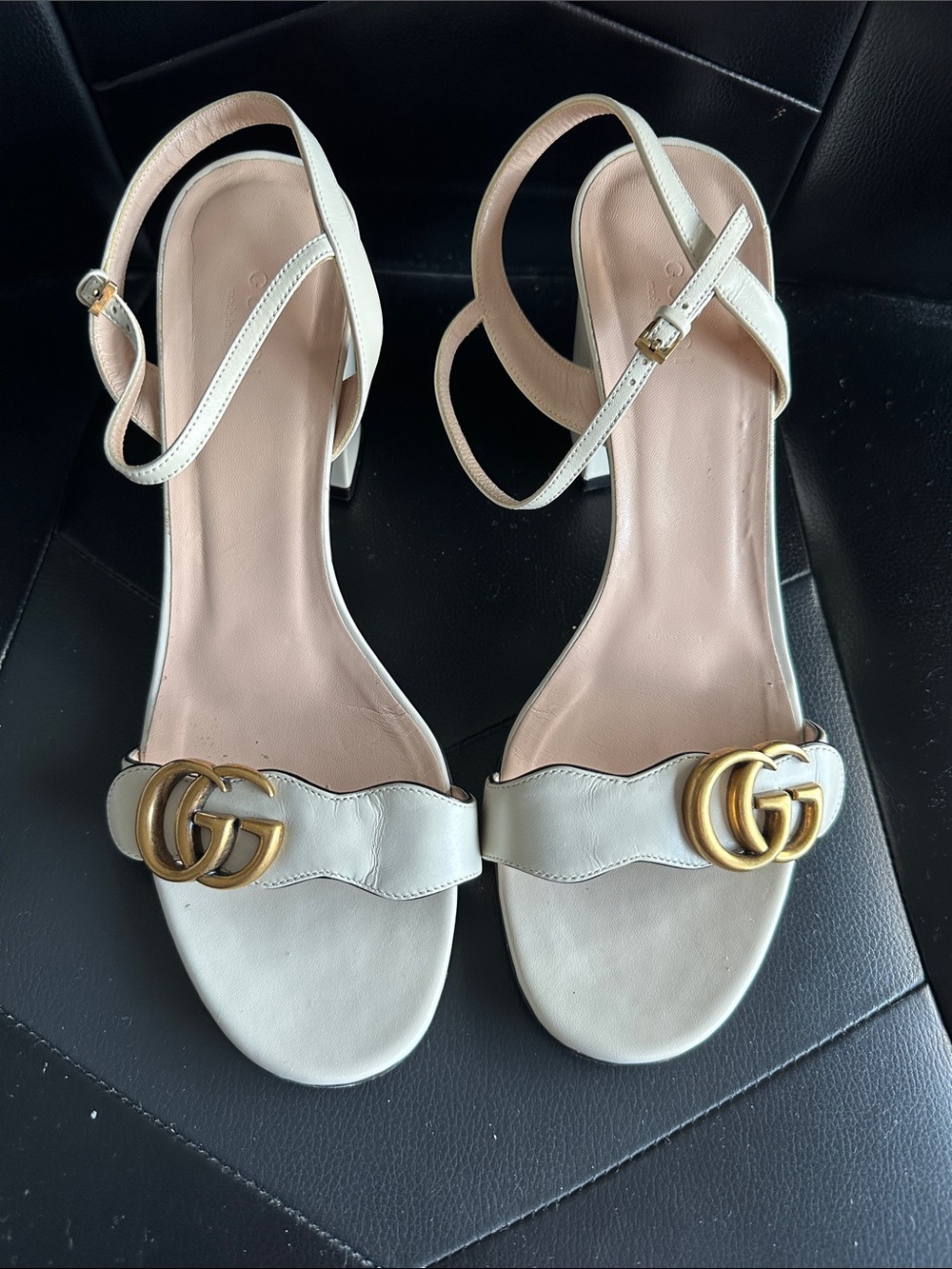 Gucci White Leather GG Horsebit Strap Heeled Sandals